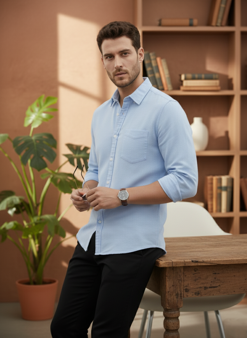 Men Light-Blue Collar Solid Pure Cotton Shirt