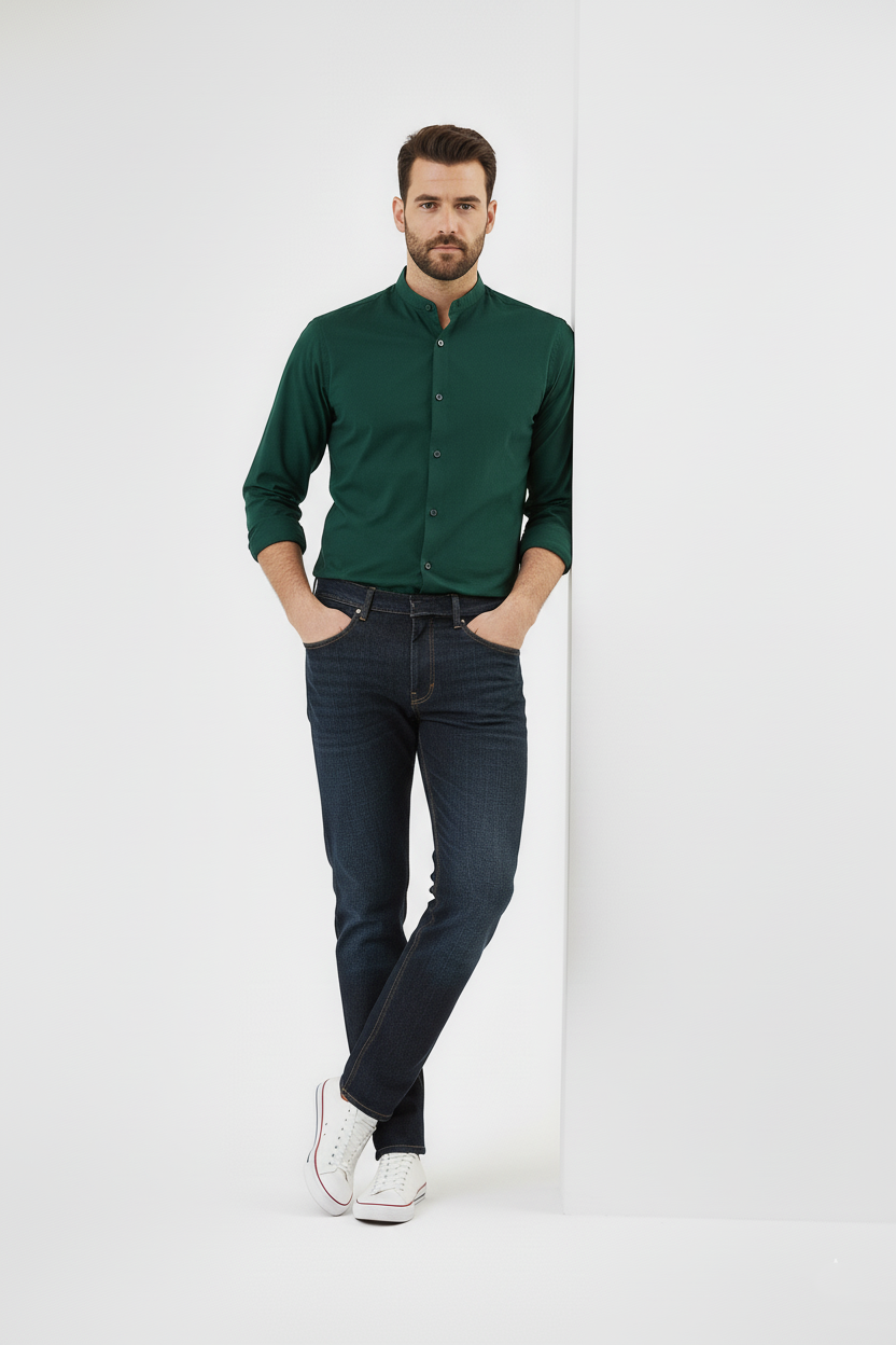 Dark Green Short collar Pure Cotton Shirt