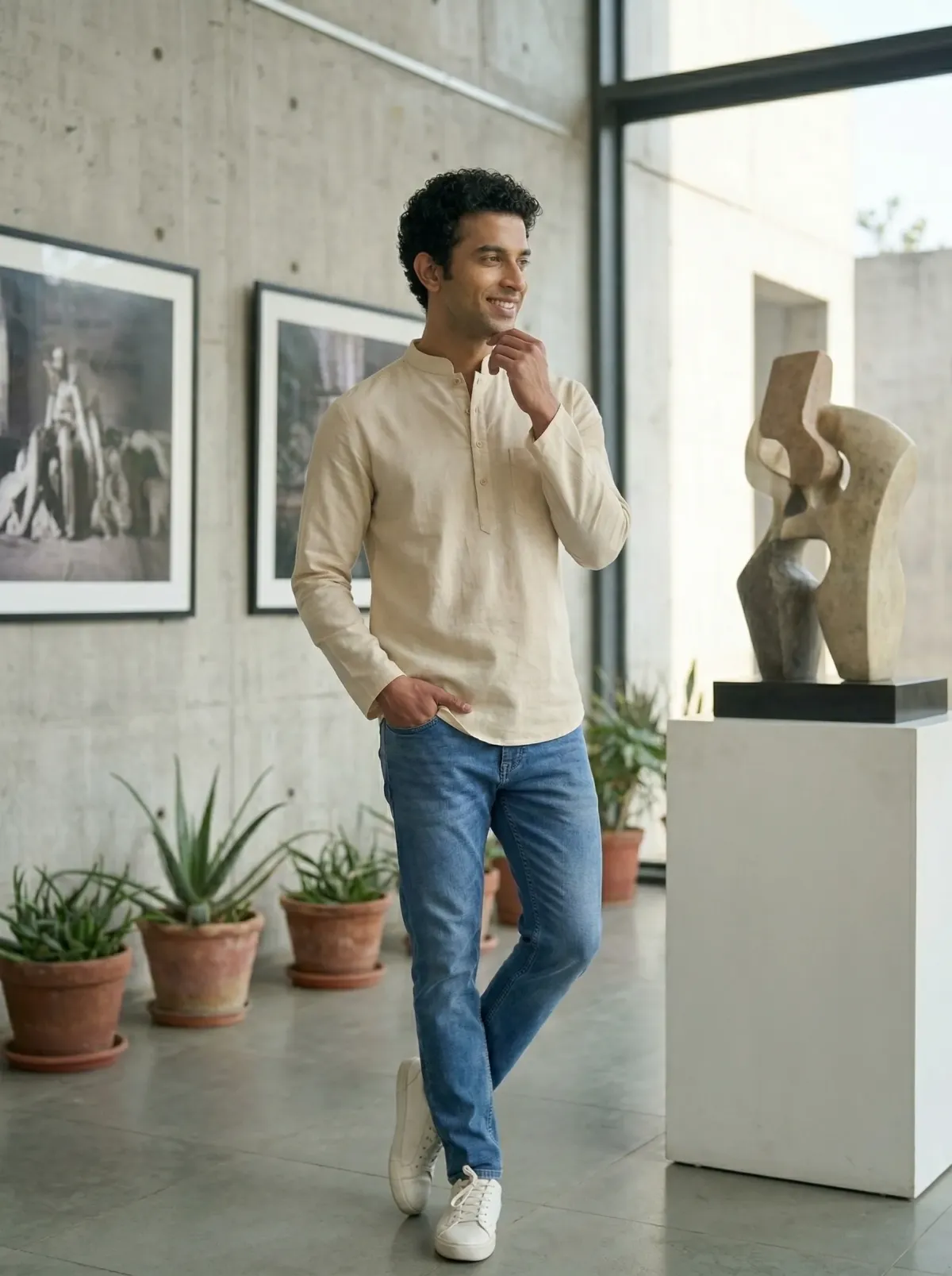 Mens Beige Khadi Pure Cotton Kurta