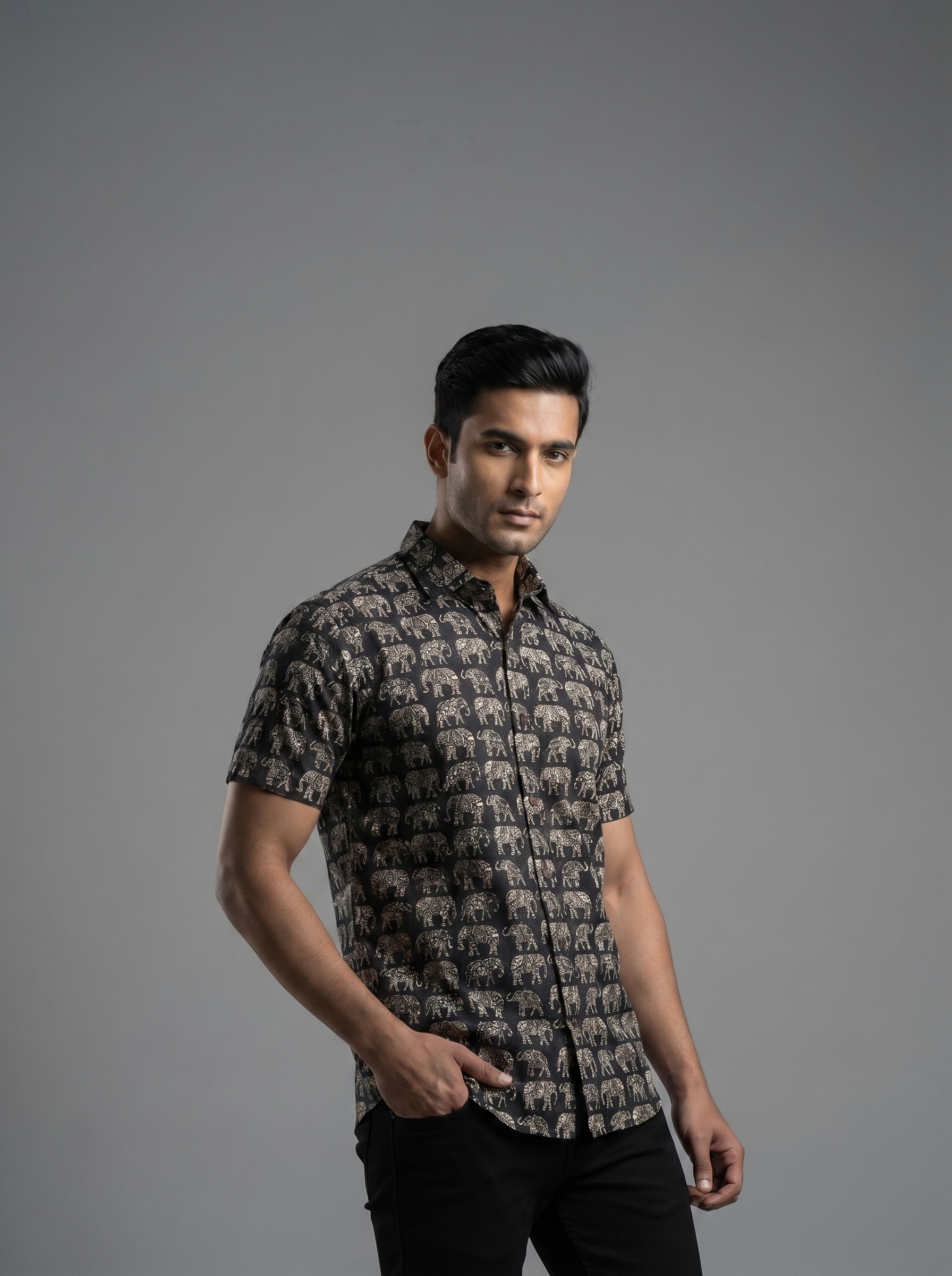 Black&White Elephant Cotton Shirt