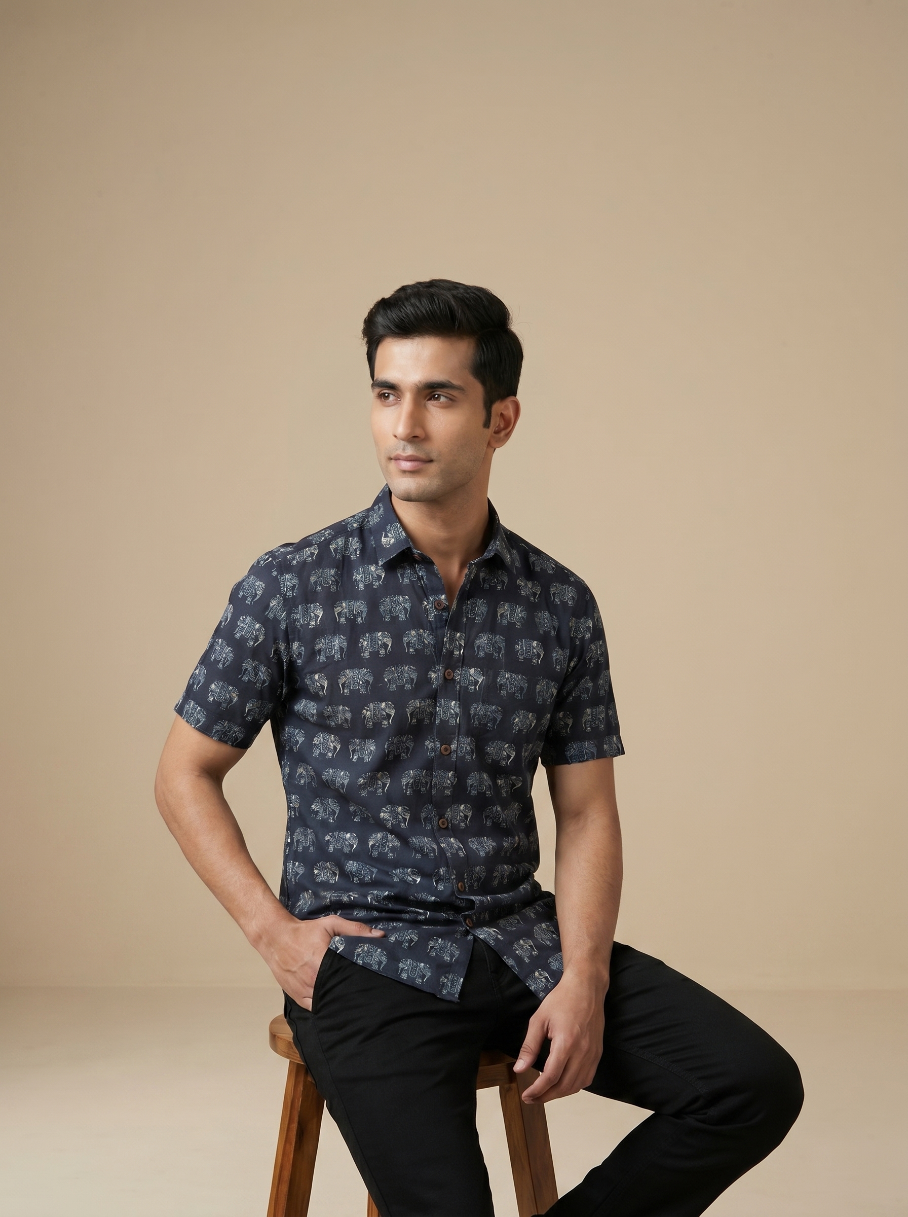 Blue Elephant Motif Cotton Shirt