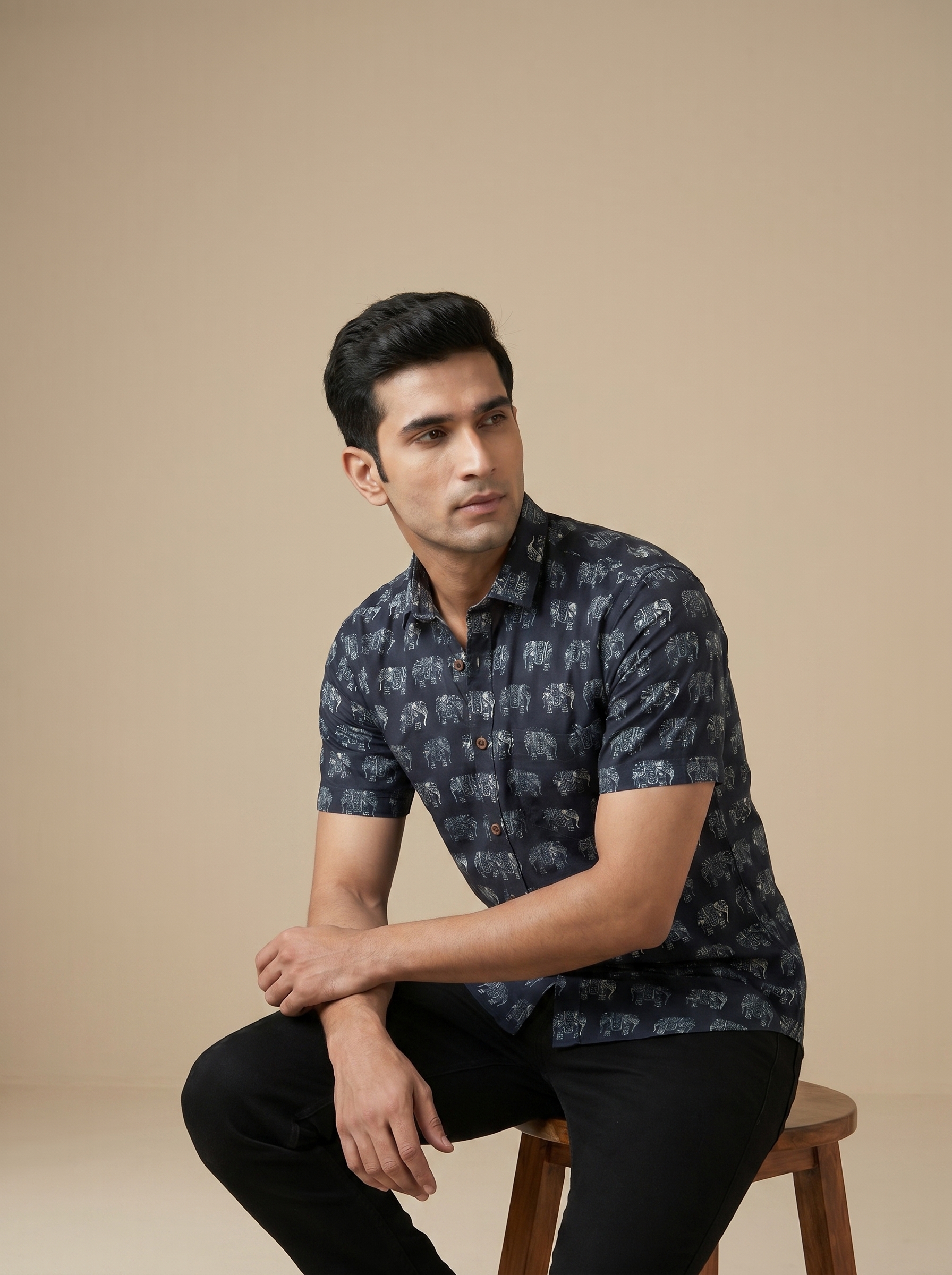 Blue Elephant Motif Cotton Shirt