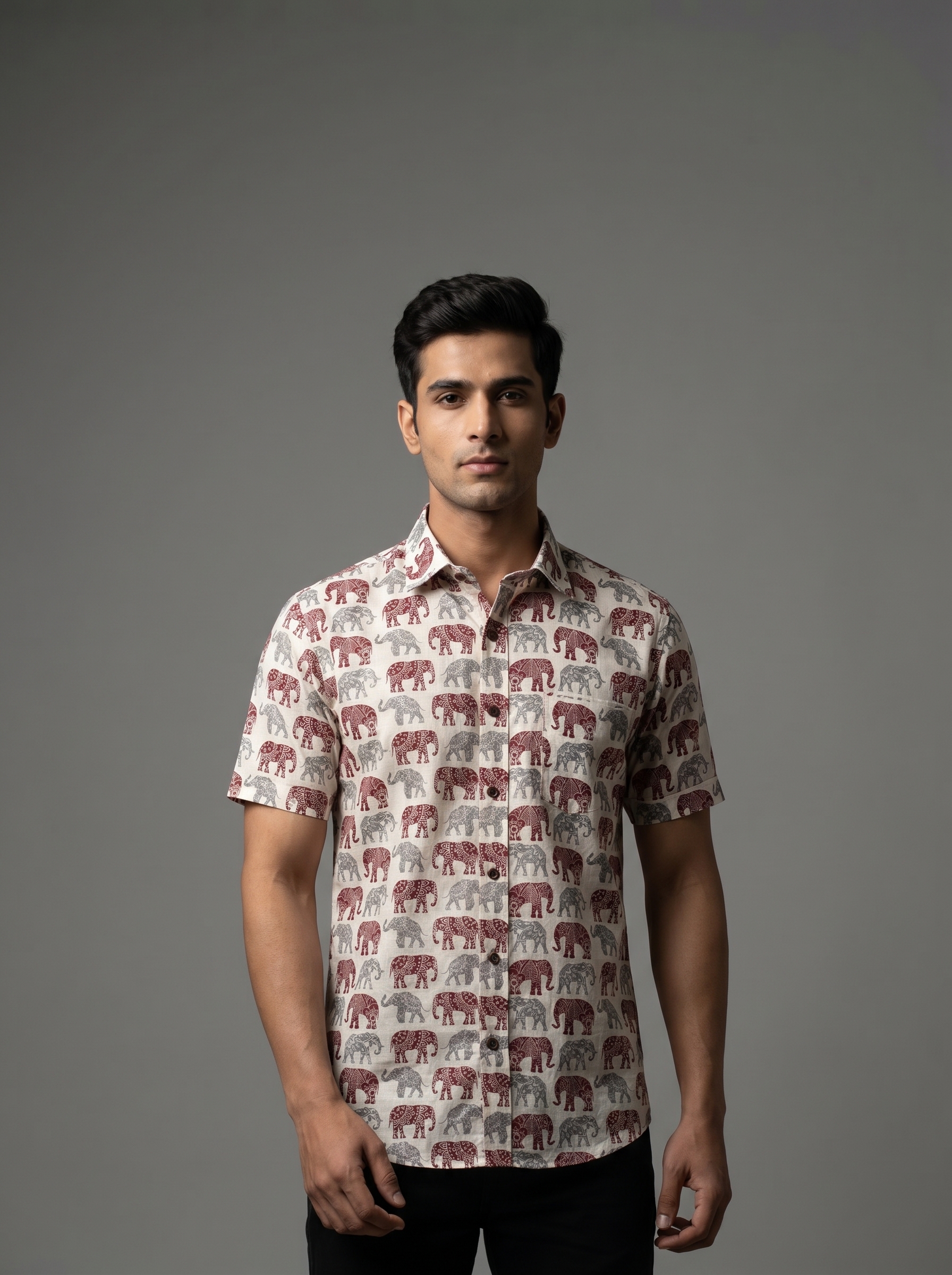 Red&Grey Elephant Cotton Shirt