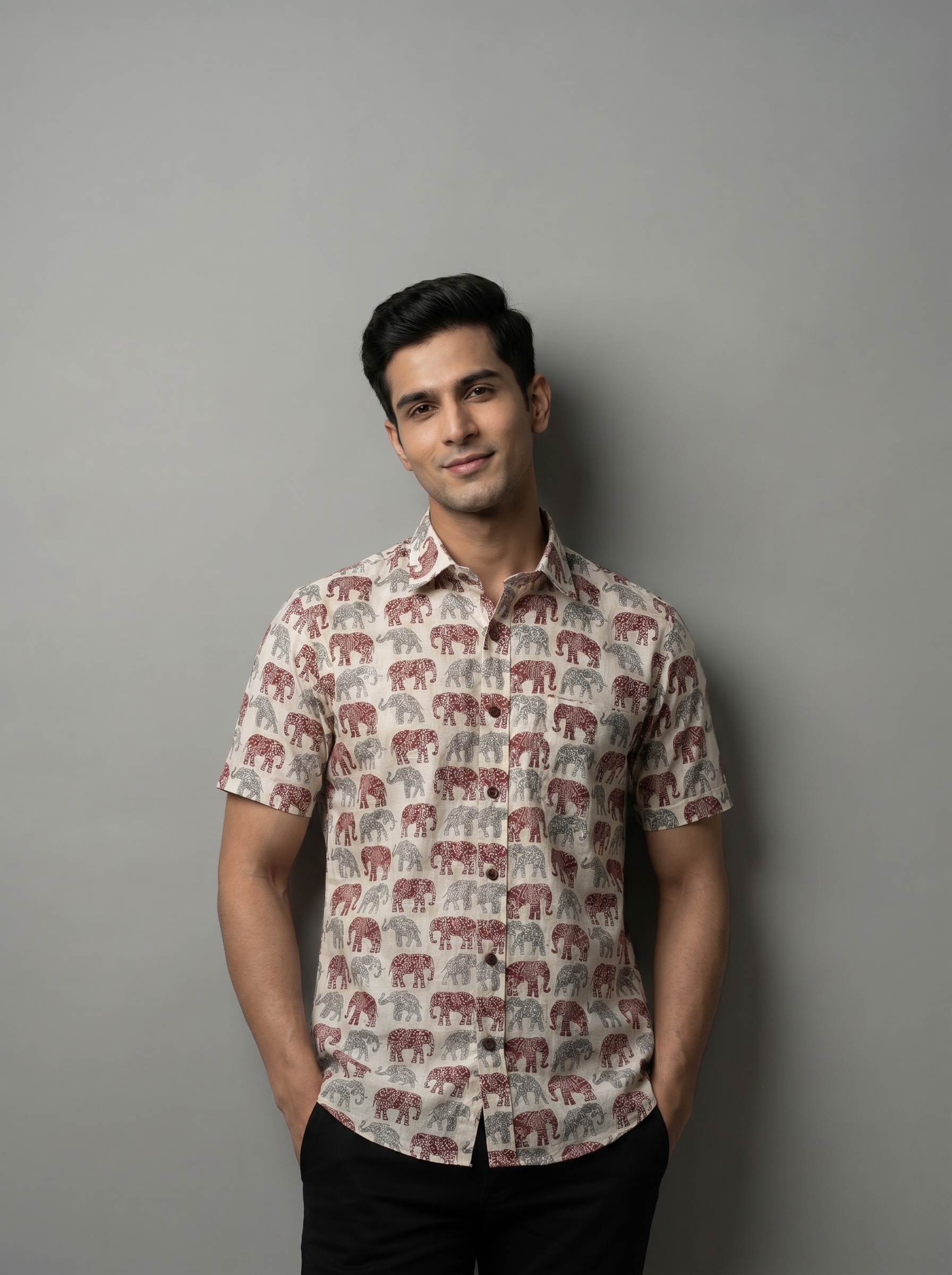 Red&Grey Elephant Cotton Shirt